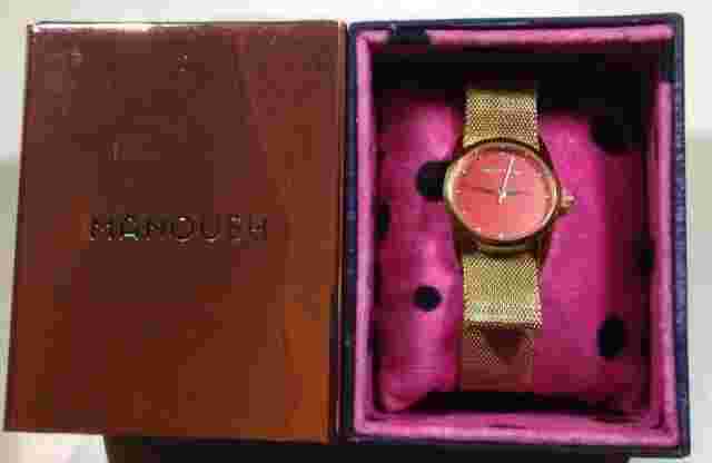 RARE DESIGNER Manoush Quartz Watch Red Dial Gold Mesh Bracelet MS1816