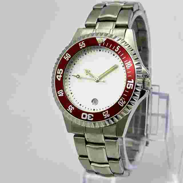 Men's SUNTIME Competitor Minimalist Silver Tone Watch, Red Bezel, Date, 40mm