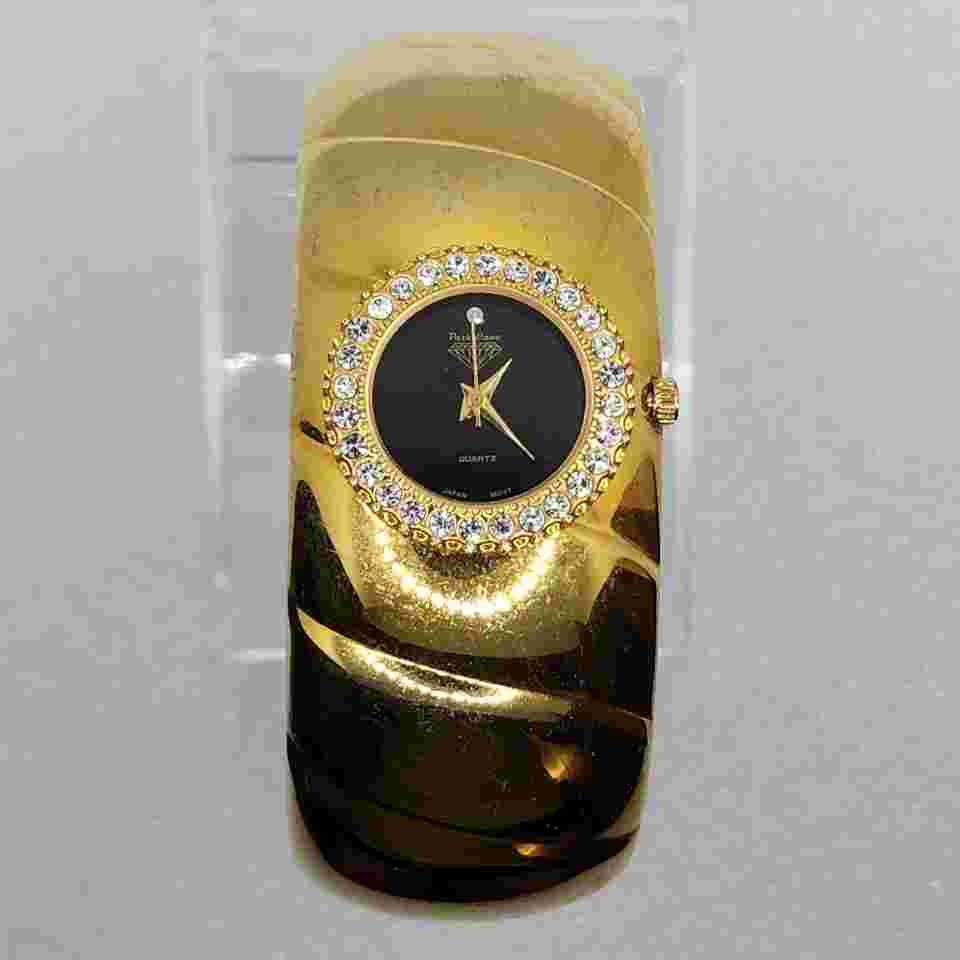 Park Lane Gold Croissant Crystal Gem Accent Banana Bangle Cuff Bracelet Watch