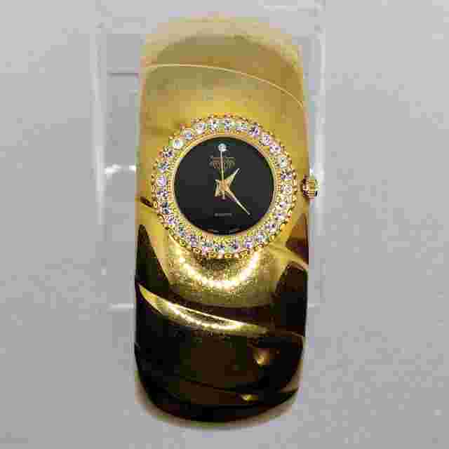 Park Lane Gold Croissant Crystal Gem Accent Banana Bangle Cuff Bracelet Watch