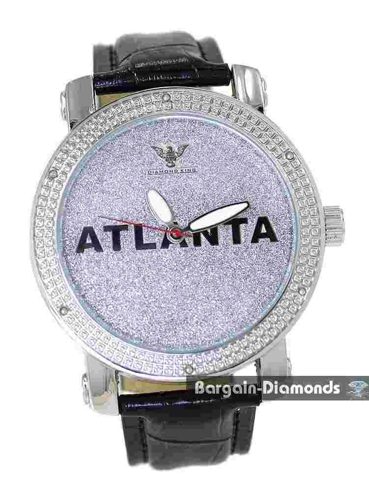 Mens ATLANTA Natural Diamond Silver tone Clubbing Watch Bling Dial 8.5" Leather