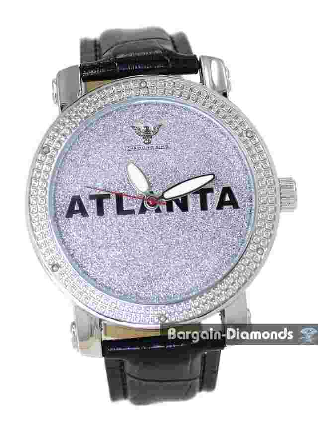 Mens ATLANTA Natural Diamond Silver tone Clubbing Watch Bling Dial 8.5" Leather