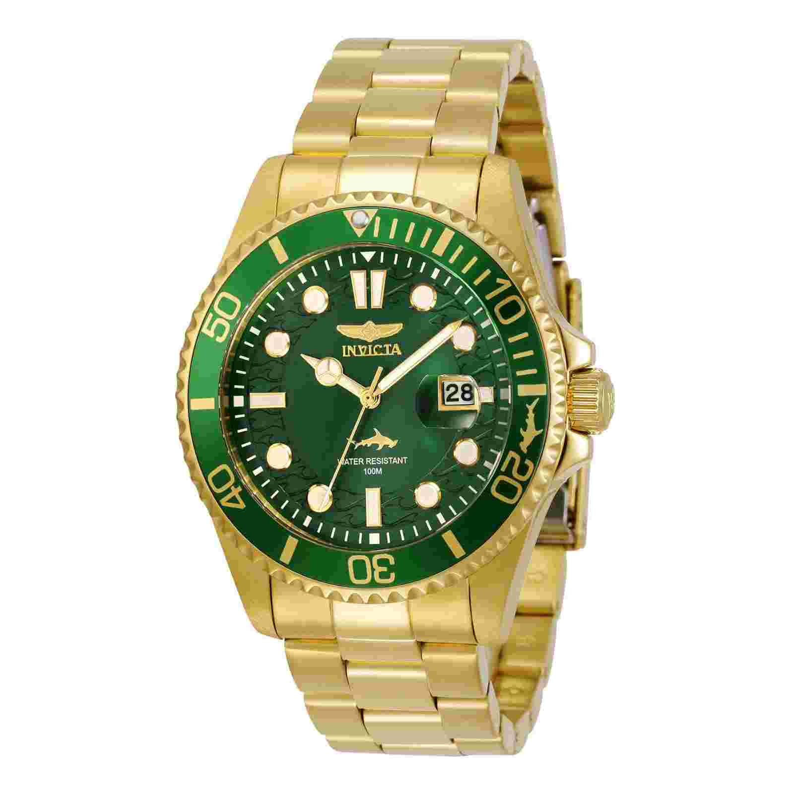 Invicta Pro Diver Hammerhead 43mm Green Dial 18k Gold Plated SS Men's Wristwastch