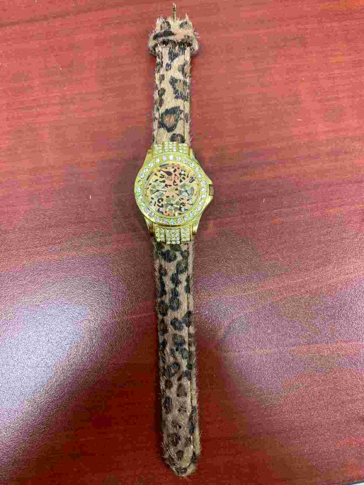Ladies Miller Fashion Watch Fabric Cheetah Print Wristband Faux Diamond Accents