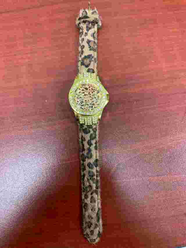 Ladies Miller Fashion Watch Fabric Cheetah Print Wristband Faux Diamond Accents