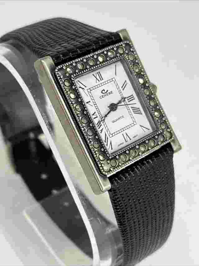 Cenere Women's Quartz Marcasite Watch Black Leather Band- New Battery
