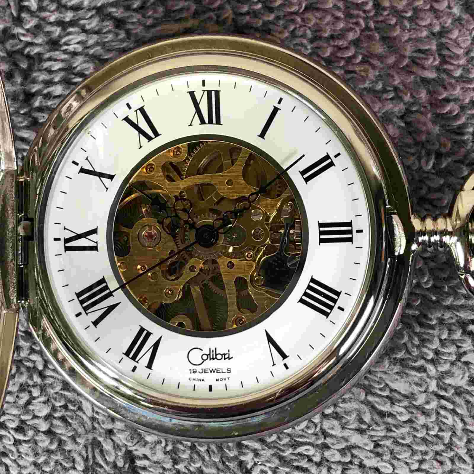 Colibri Casual 19 Jewels Silver Tone Skeleton Mechanical Wind Pocket Watch