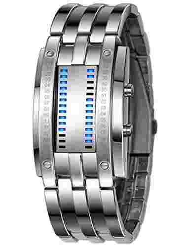 Fashion Mens Binary Sports Watch Digital LED Matrix Waterproof Outdoor Silver
