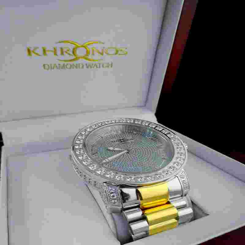 Mens 2 Tone Custom Khronos Diamond Gold Finish Full Stainless Steel Band Watch