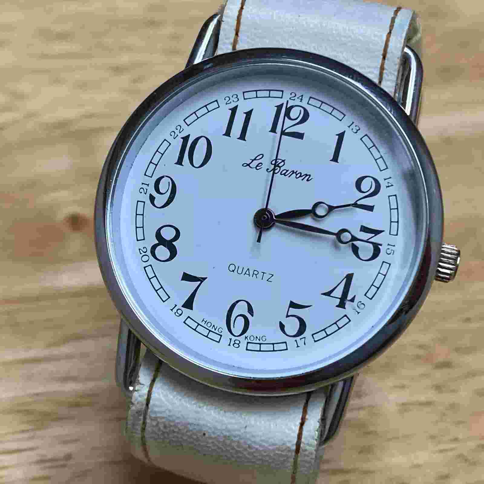 Vintage Le Baron Men Easy Read Classic Silver White Analog Quartz Watch~New Batt