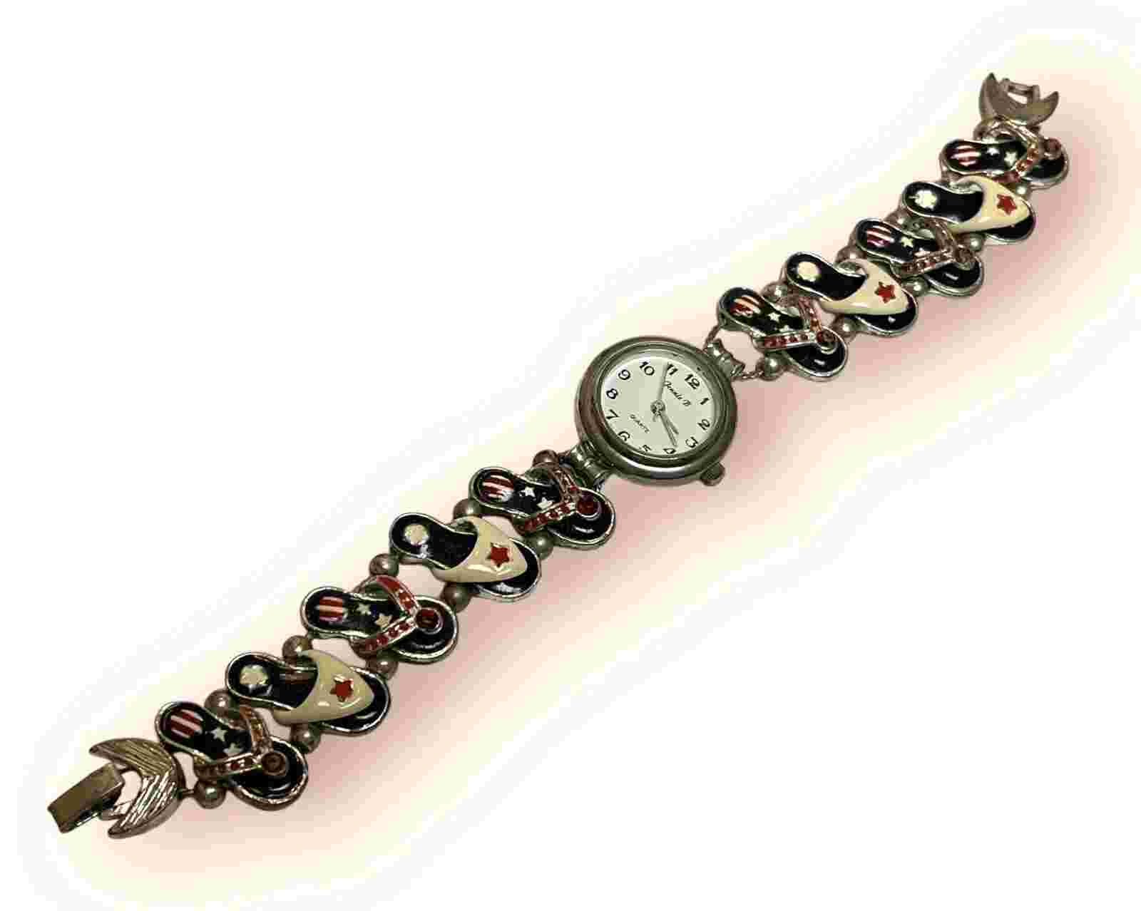 Vintage Jennie B Patriotic Flip Flop Sandal Slide Charm Bracelet Watch 7.5”