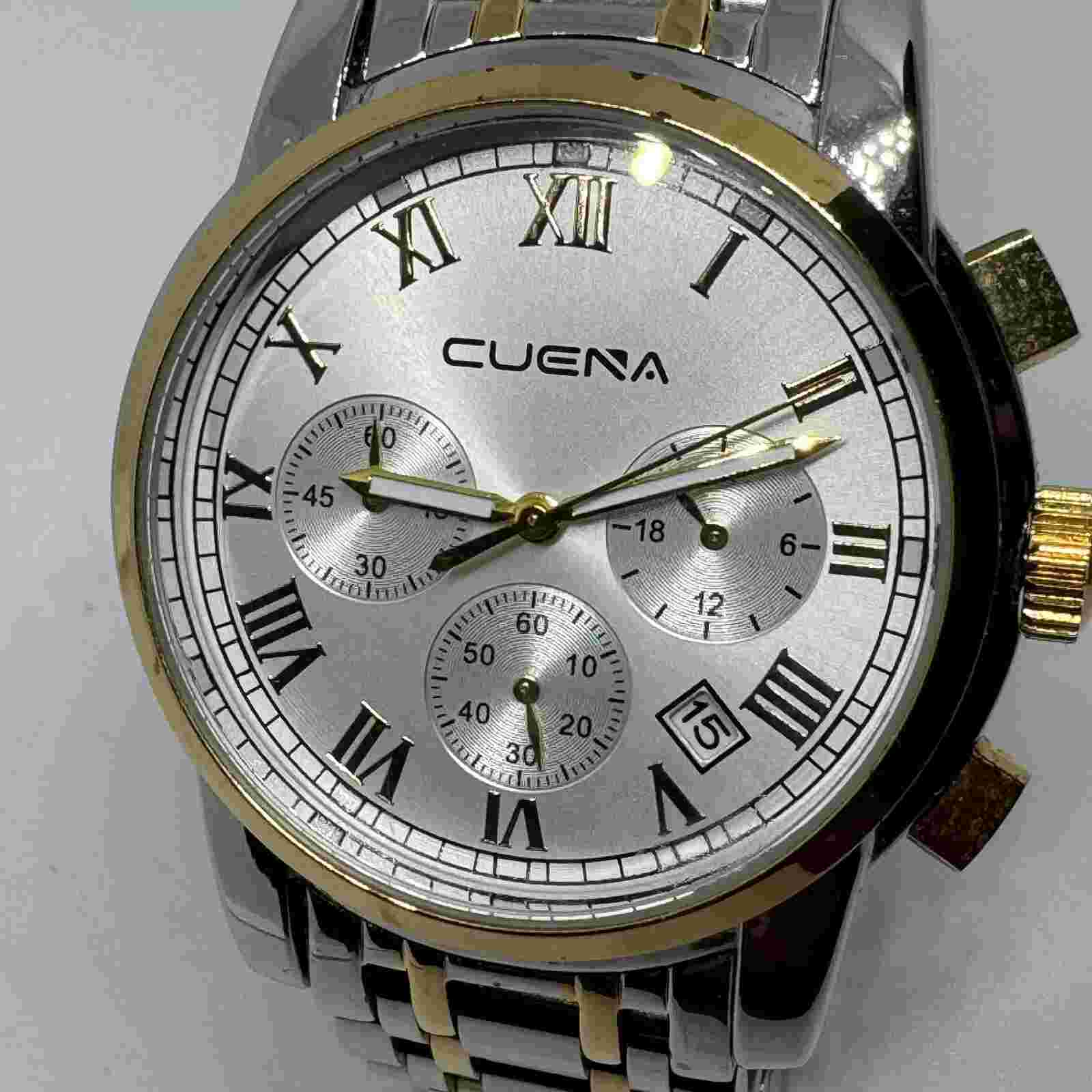 CUENA Quartz Watch 6809 Men Dual Tone Chronograph Date Roman Analog New Battery