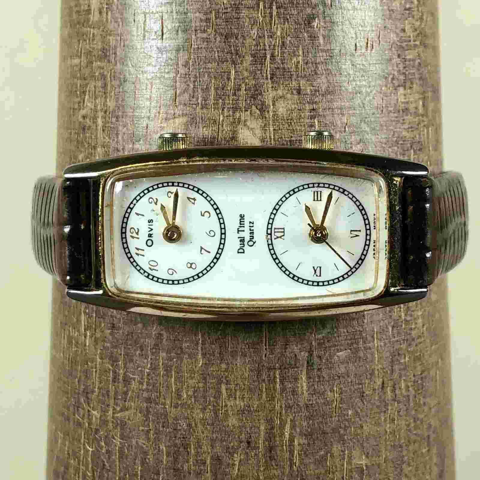 Orvis Women Dual Time Black Leather Rectangular 19mm Quartz Analog Watch 6 3/4"