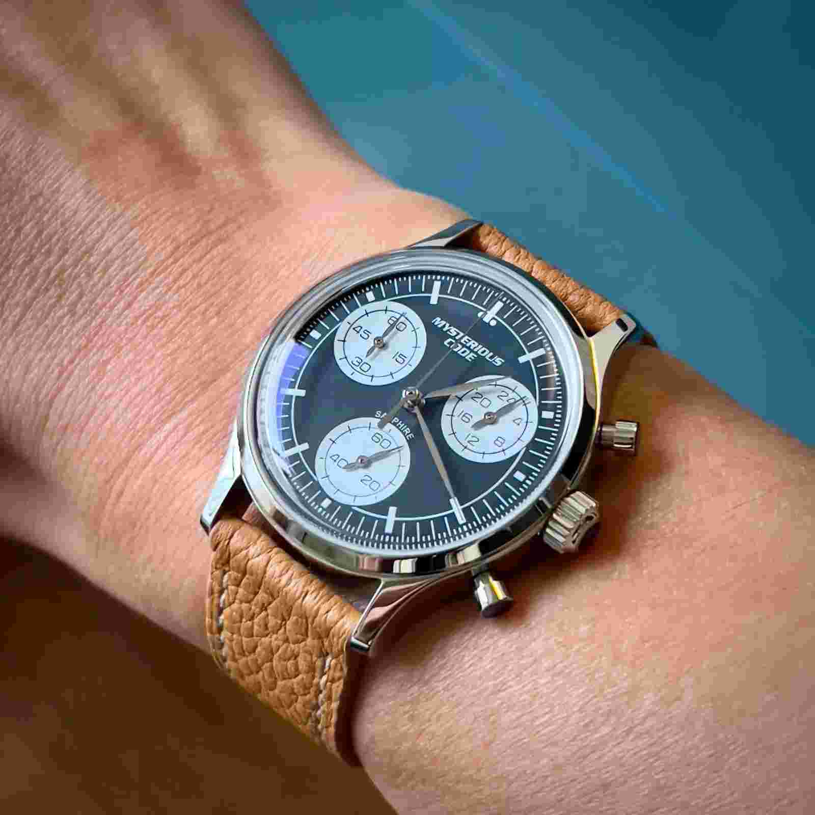 Mysterious Code Men Chronograph Watch Panda Quartz Wristwatch VK64 Triple Window