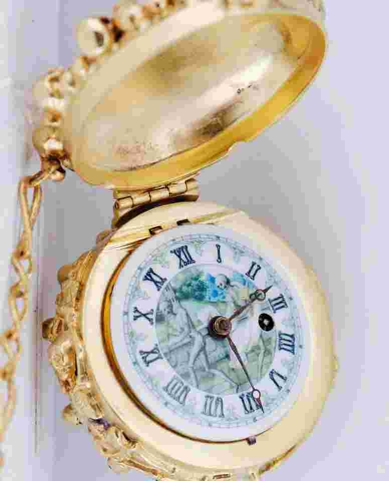 Antique French Pocket Watch Verge Fusee Skull Skeleton Gilt Ormolu Case c1700's