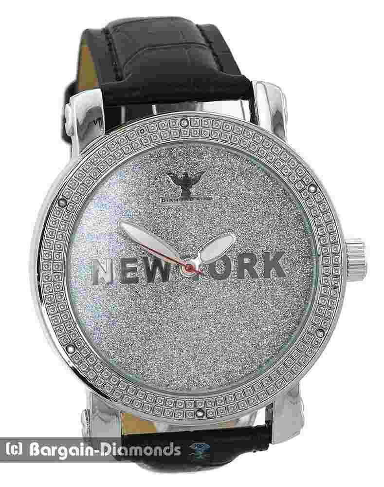 Mens NEW YORK Natural Diamond Silver tone Clubbing Watch Bling Dial 8.5" Leather