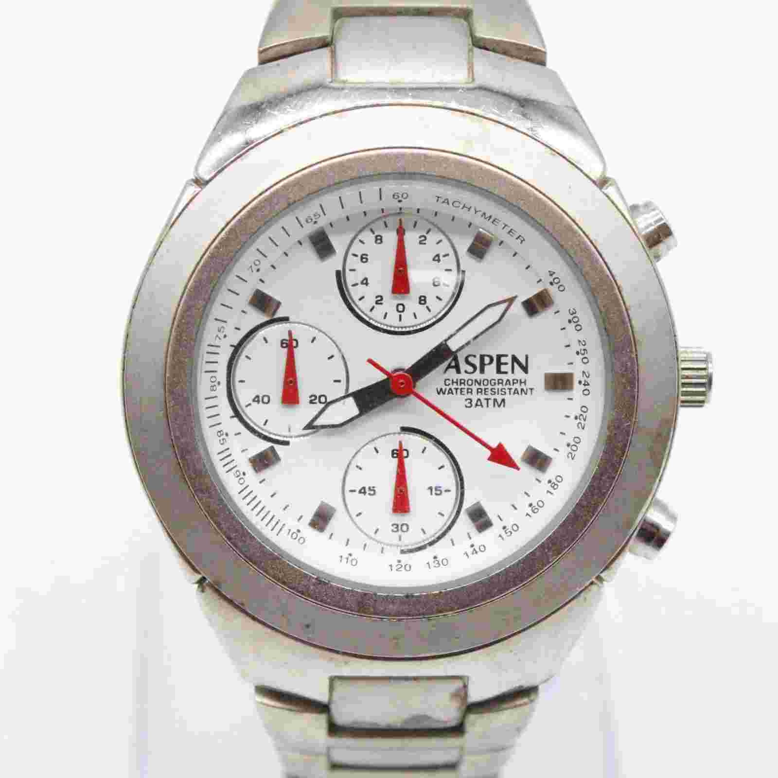 ASPEN Chronograph Watch Mens Silver Tone Stainless Steel Classic White Dial