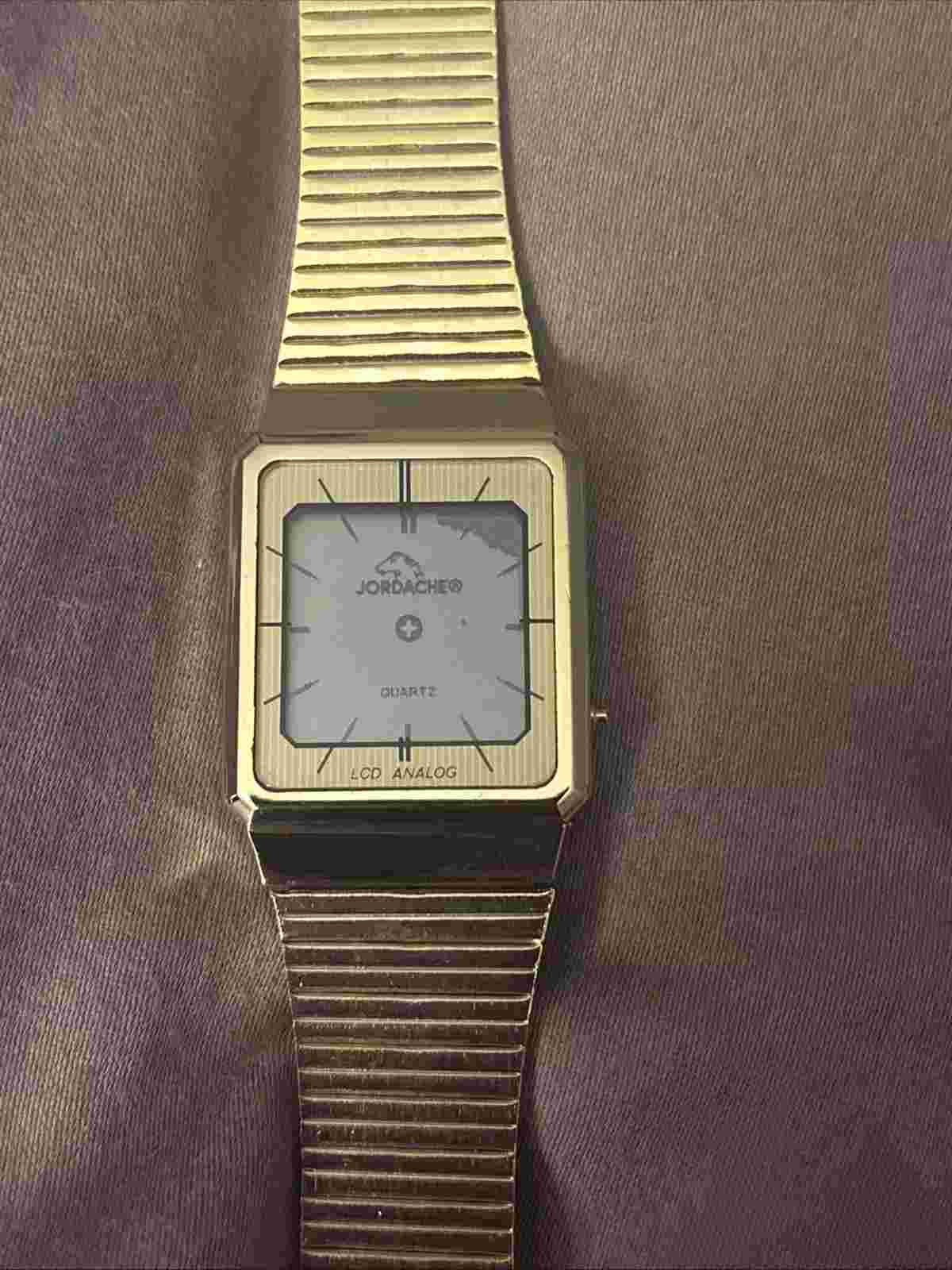VINTAGE Jordache LCD Analog Quartz Gold Tone Link Watch RARE