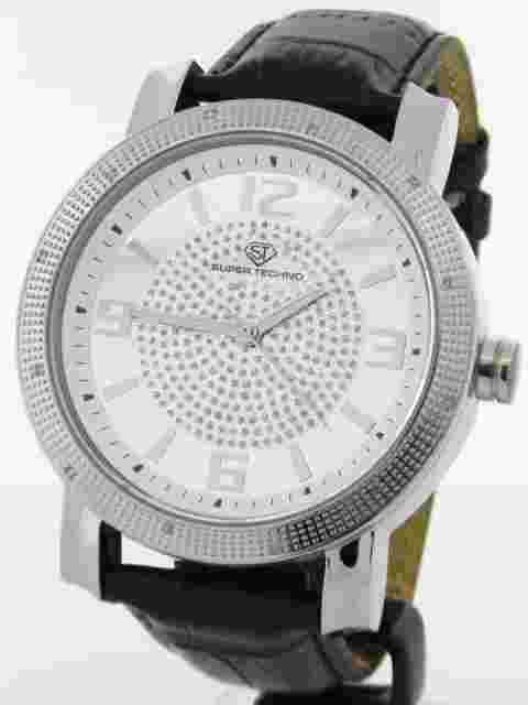 Super Techno I-5465 Men's Diamond Silver-tone Case Black Leather Band Watch