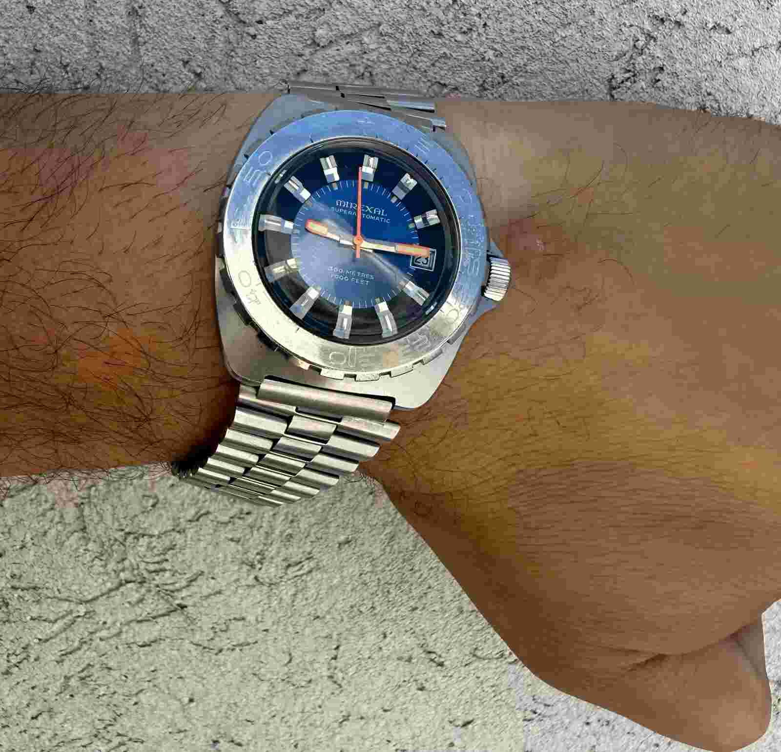 Vintage Mirexal Superautomatic 300 Meters 1000 Feets Diver S.steel Watch Blue