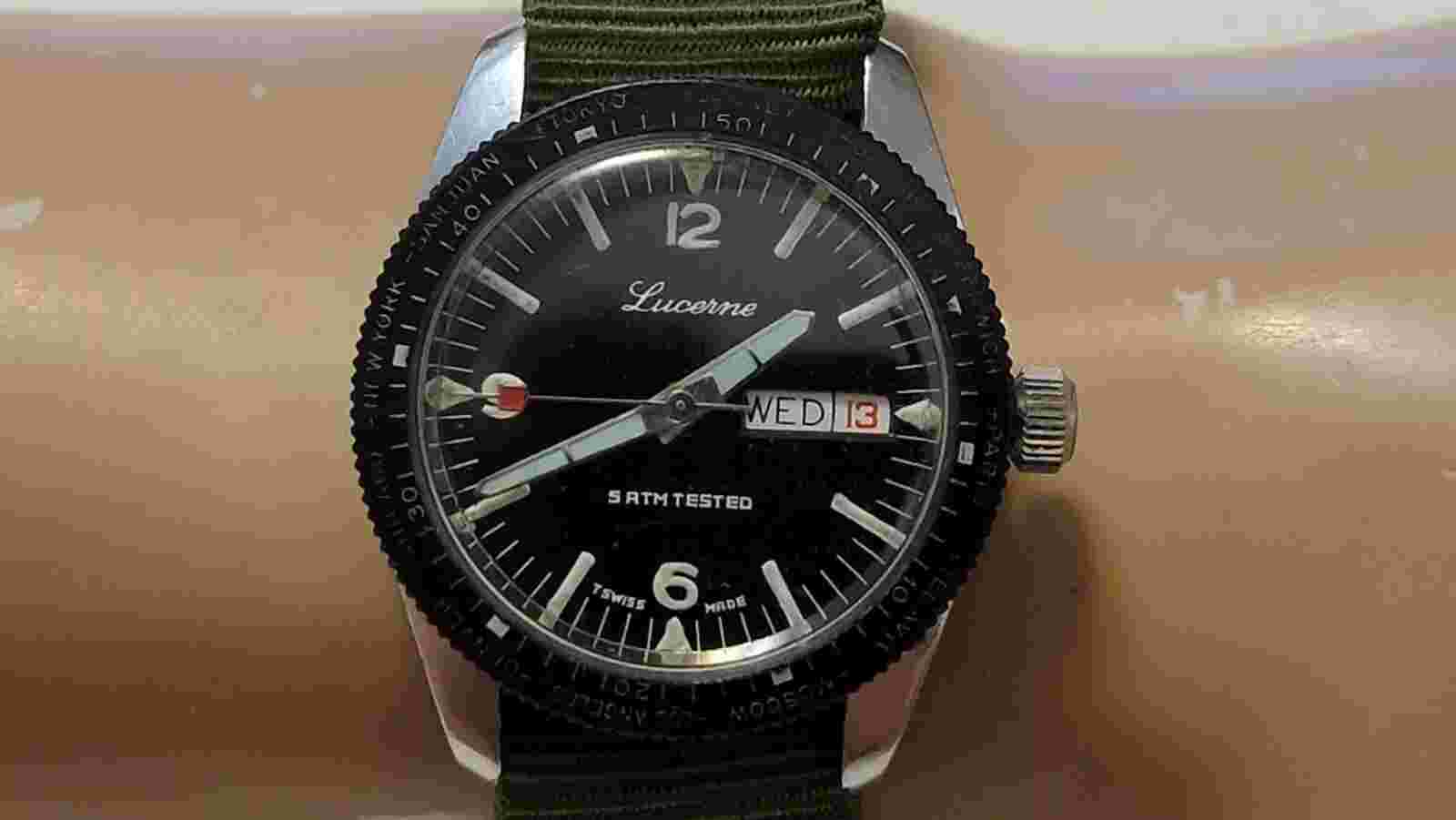 Rare Vintage Lucerne (1st Gen) Stainless Steel Diver Day/Date Manual Wind Men's