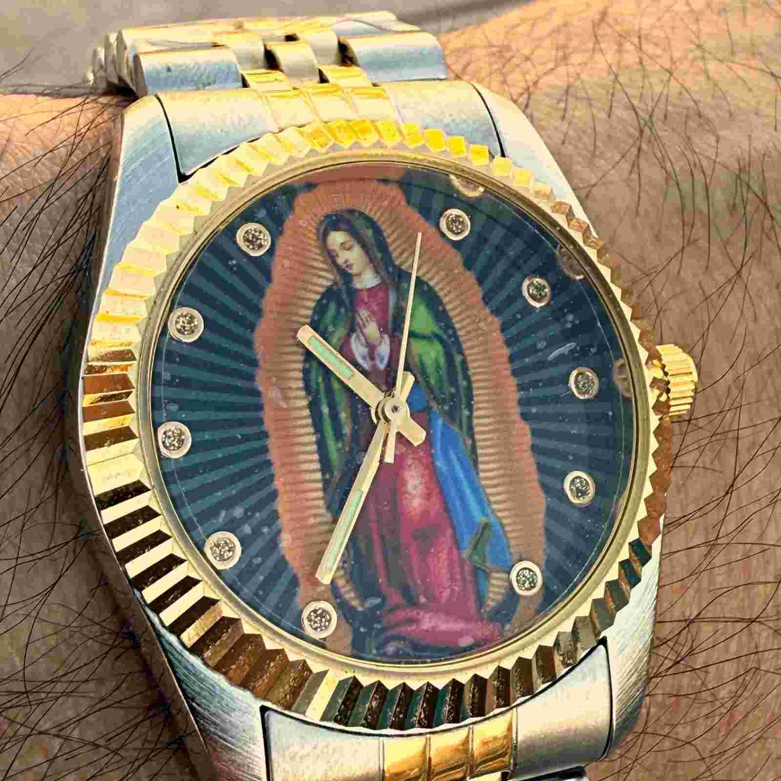 Virgin Mary Gold Plated Two-Tone Watch Water Resistant Virgen De Guadalupe Reloj