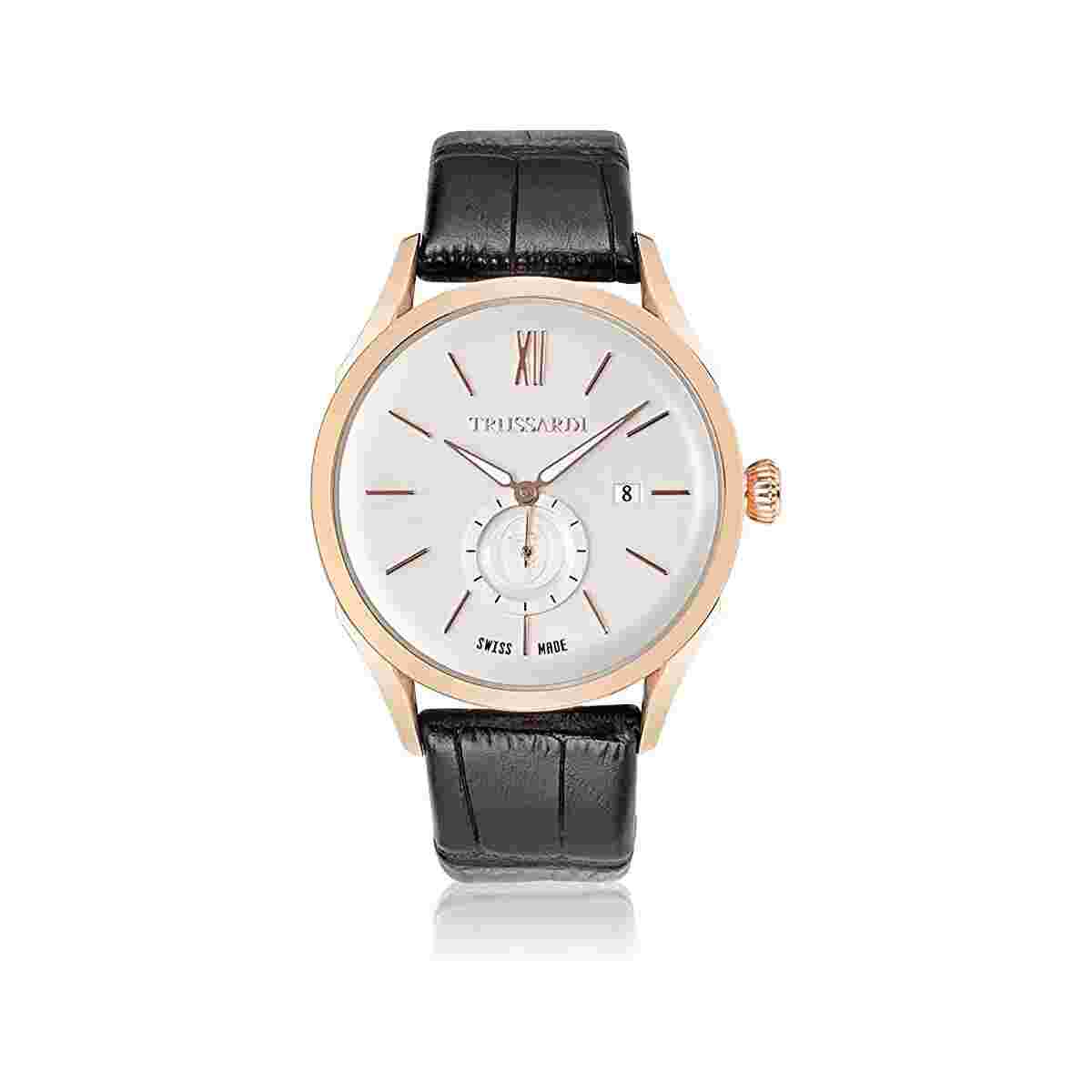 Mens Wristwatch TRUSSARDI MILANO R2451105006 Leather Black Gold Rose SWISS MADE