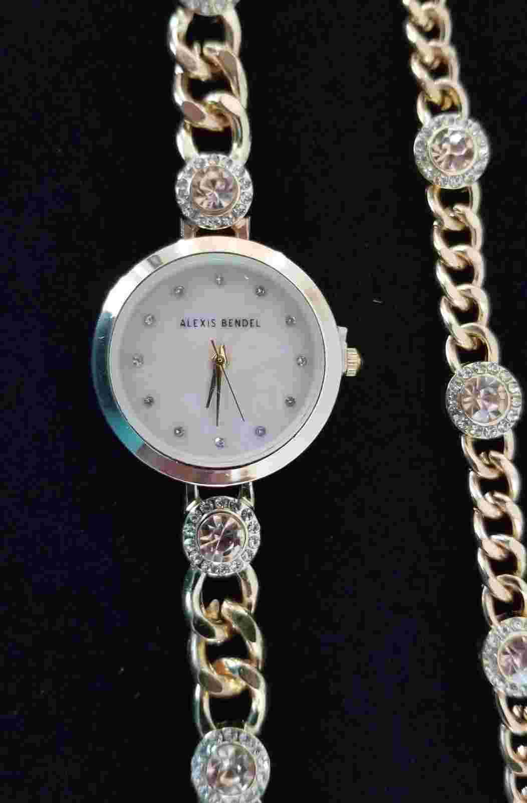 Alexis Bendal Gold Tone Watch, Bracelet Set MOP Dial Amber Stones Running