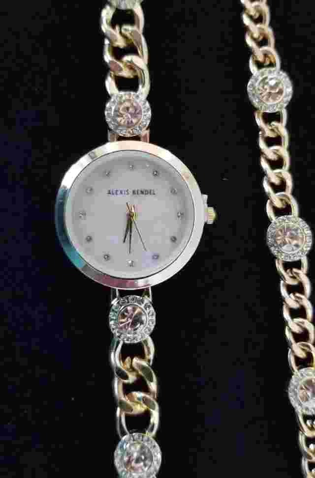 Alexis Bendal Gold Tone Watch, Bracelet Set MOP Dial Amber Stones Running