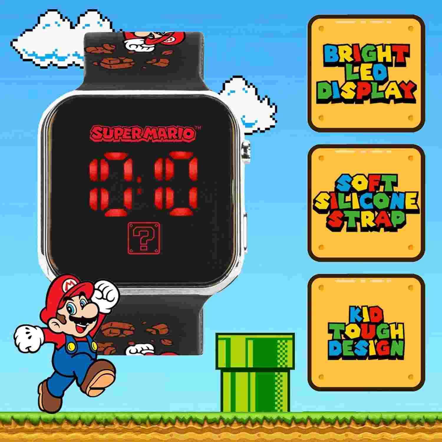 Accutime Nintendo Super Mario Kids LED Watch – Silver Plastic Case, Red LED Disp