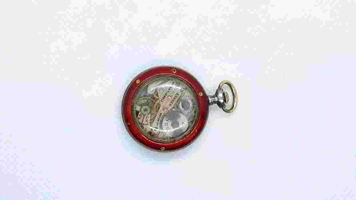 LADIES STERLING GUILLOCHE ENAMEL Gold Inlaid POCKET/PENDANT WATCH.
