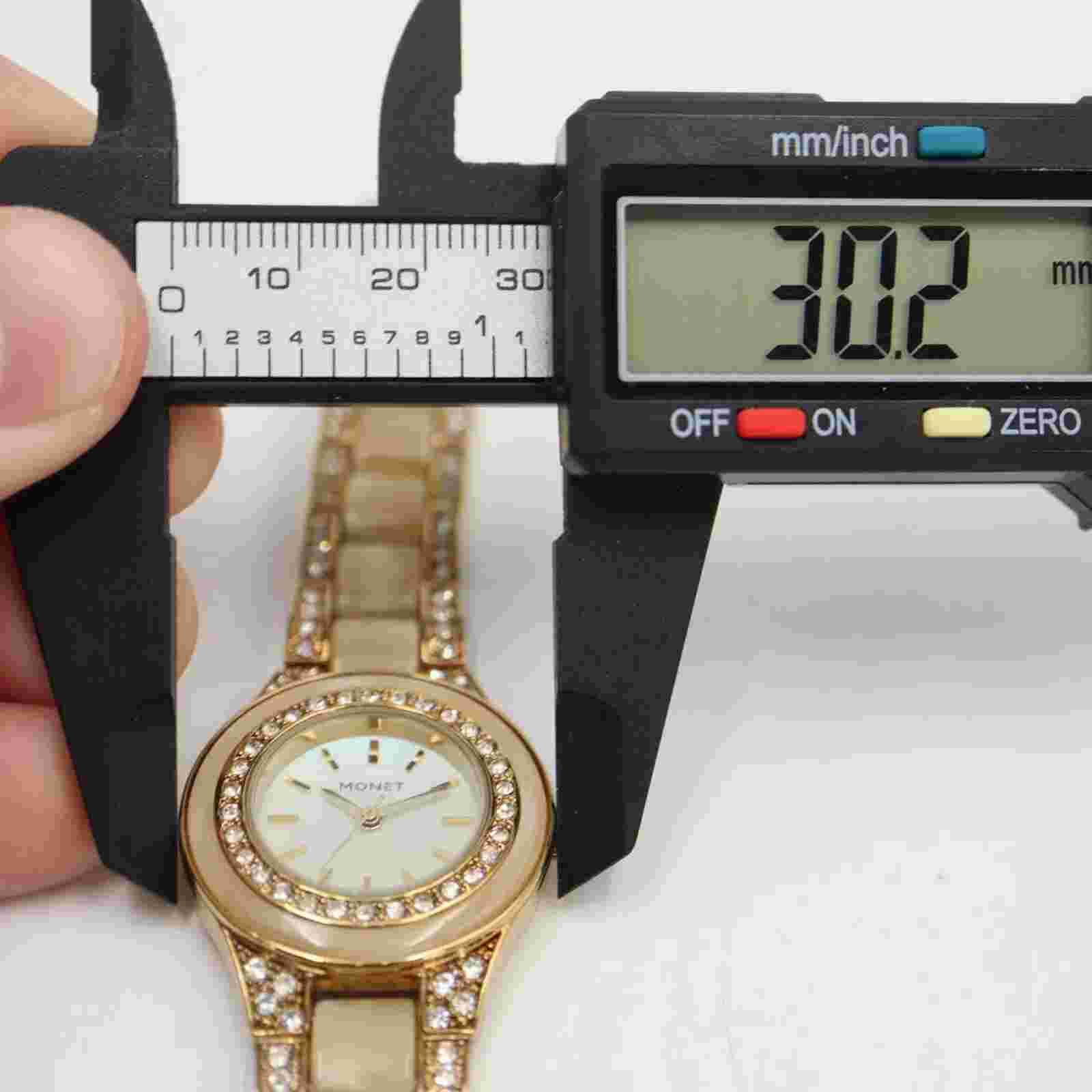 Vintage Monet Women Watch 35mm MOP Gold Tone Acrylic Bracelet New Battery 5.5"