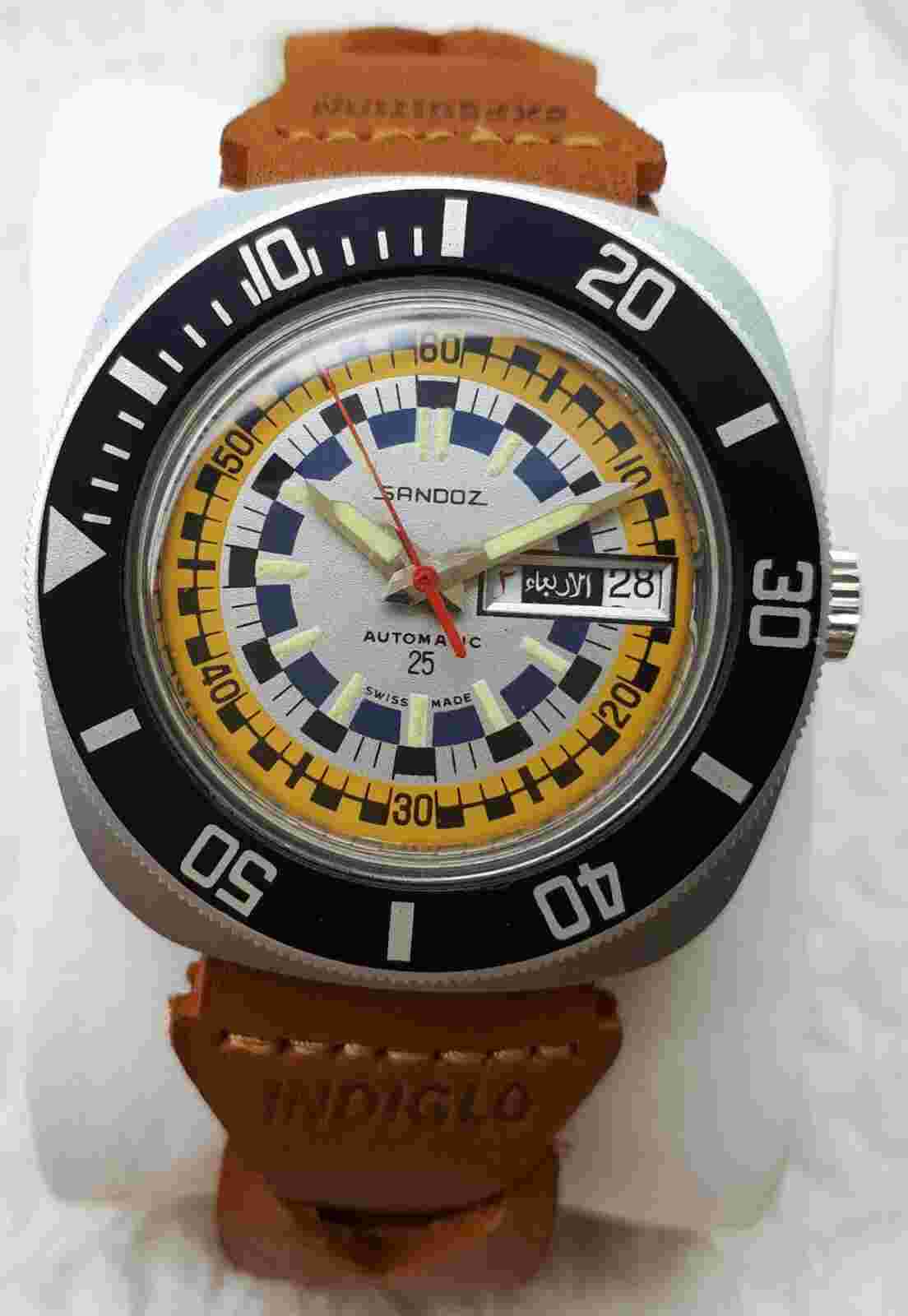 NOS SANDOZ AUTO MULTI COLOER DIAL RARE MEN’S WATCH SWISS DAY/DATE TOP CONDI