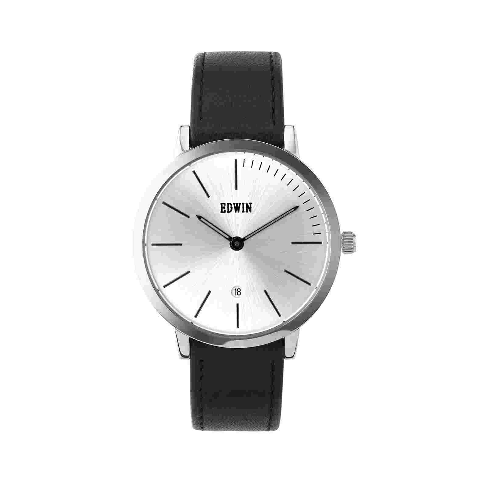 Edwin Kenny Men's 3 Hand-date Watch Stainless Steel Case and Black Leather Band