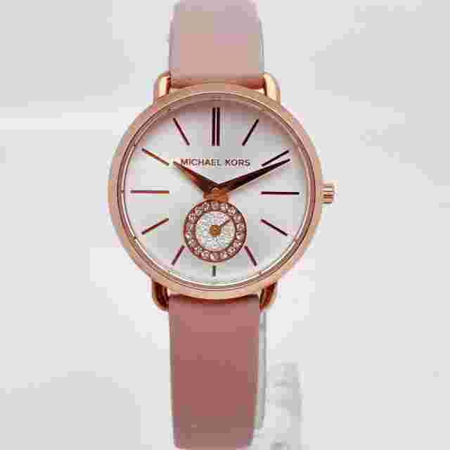 Michael Kors Petite Portia 28 mm Stainless Steel Case Women's Rose Gold-Tone Wrist Watch, White Dial - (MK2735)