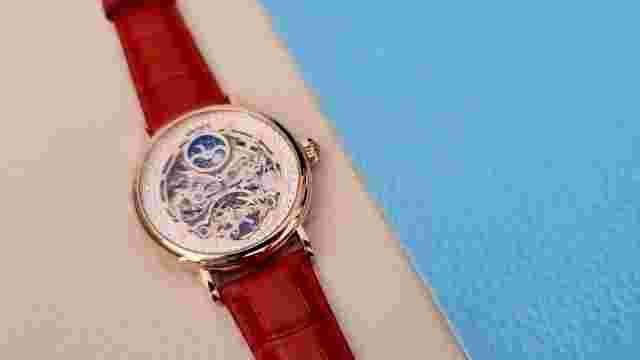 Mens Dual Time Flywheel Automatic Mechanical Watch Rose Gold Red Leather Strap