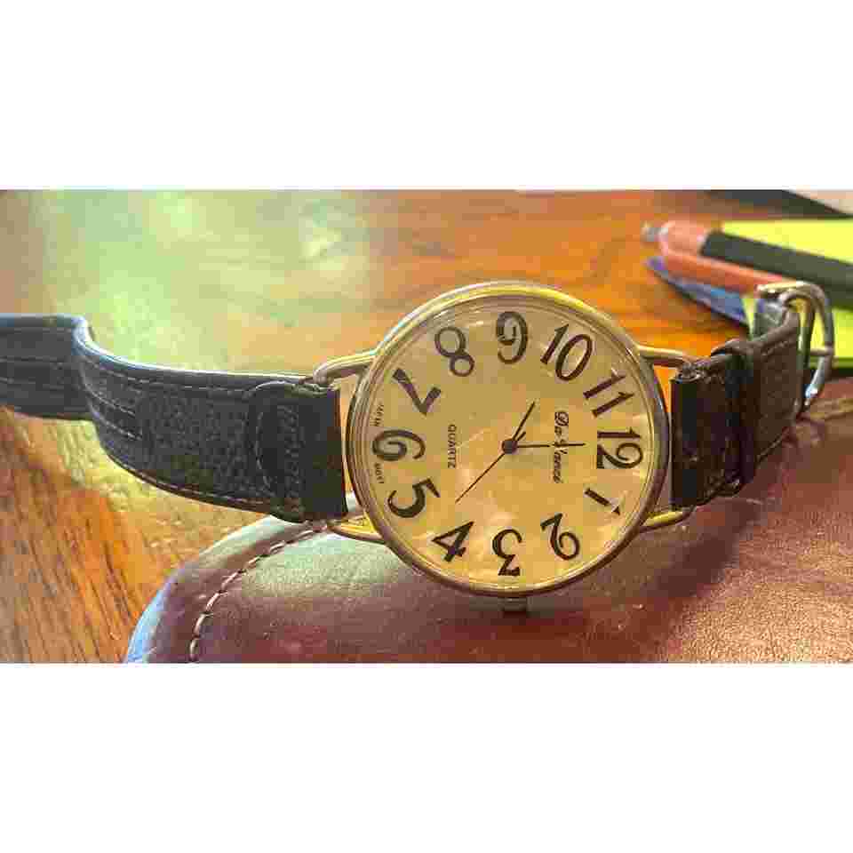 VTG Unisex 43mm Gold Tone DaVinci Watch, MOP Face, Leather and Canvas Band
