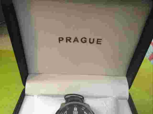 Prague Silver Tone Black Leather Strap Date Watch