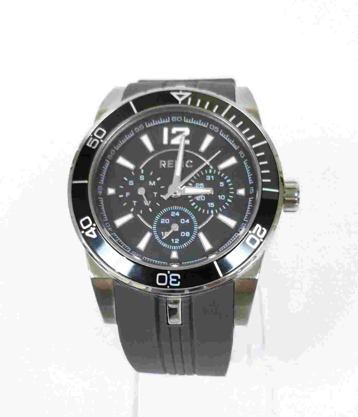 NEW RELIC SILVER TONE, GRAY SILICONE BAND,MULTI BLACK DIAL MEN'S WATCH ZR15609