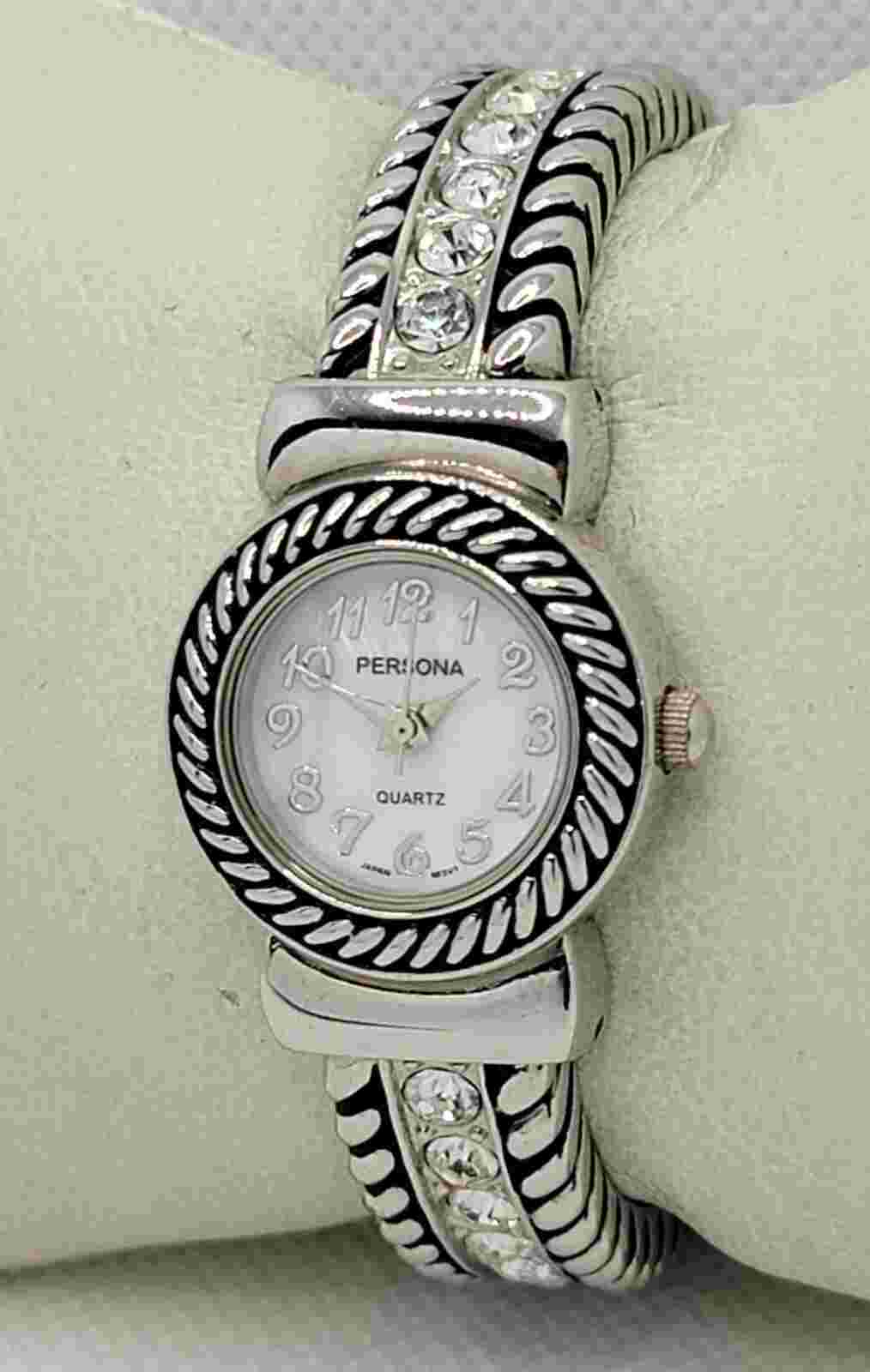 Ladies Persona Beautiful Silver Tone White Dial Cuff Bracelet Analog Watch H6
