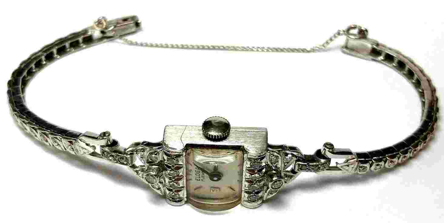 Eloga Solid 14k White Gold Art Deco Ladies Diamond Wrist Watch