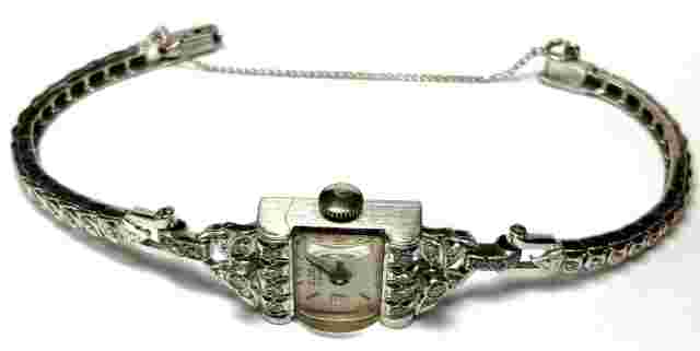 Eloga Solid 14k White Gold Art Deco Ladies Diamond Wrist Watch
