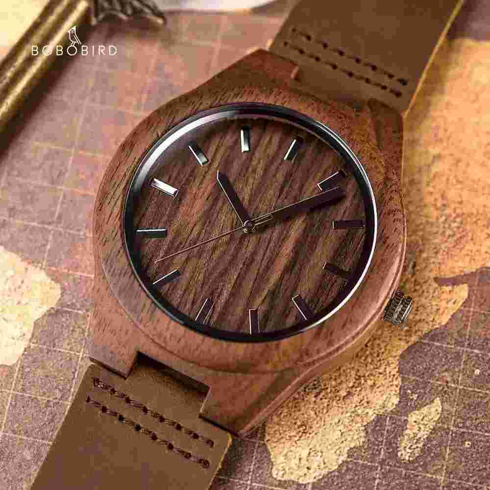 Luxury Wooden Men's Watch Quartz Watch Natural Leather Strap Stylish Wristwatch