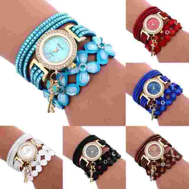 Fashion Women Stainless Steel Chimes Diamond Leather Bracelet Quartz Wrist Watch