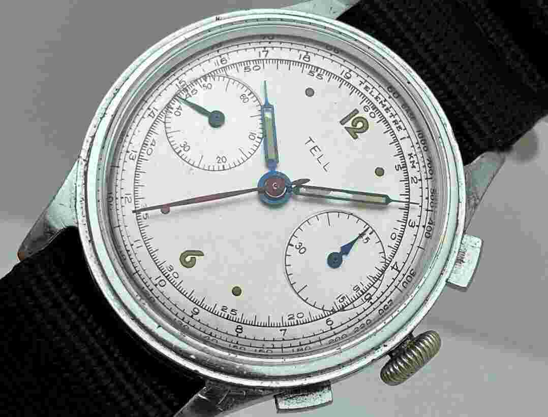 TELL CHRONOGRAPH VALJOUX 22 36mm MANUAL RARE STEEL WRIST WATCH FOR MEN