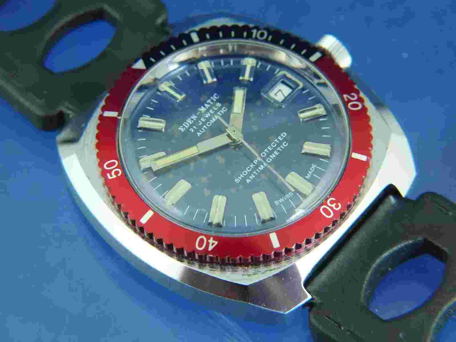 Eden Matic Automatic Diver Watch 1960s NOS Vintage Cal EB 8135 Tropical Dial