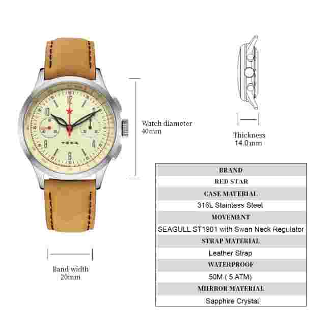 RED STAR SEAGULL ST1901 Classic Chronograph Watch Tachymeter 50M 40mm Swan Neck