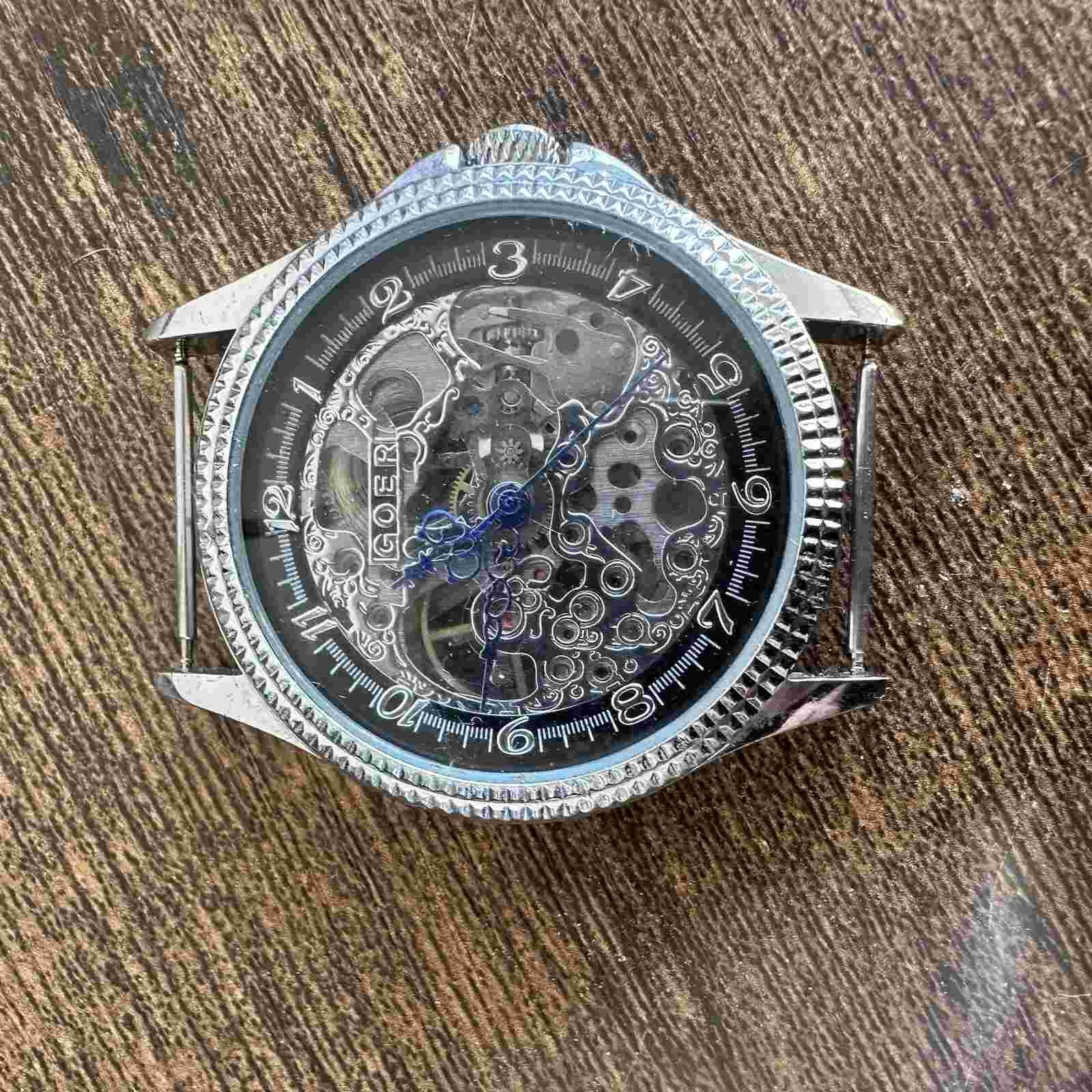 French GOER watch stainless steel skeleton wind up 42mm