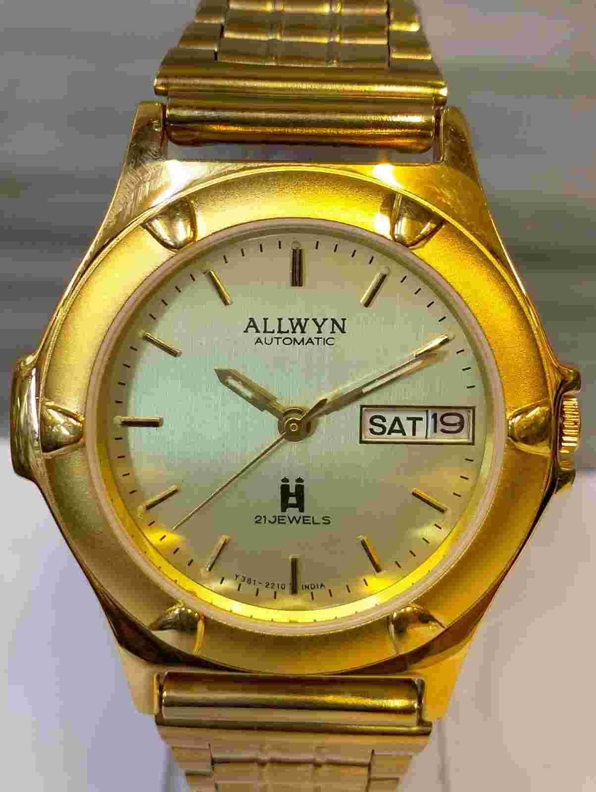 ORIGINAL ALLWYN 21J AUTOMATIC NOS GOLD DIAL Y361-8460 INDIA MEN'S FULL WORKING