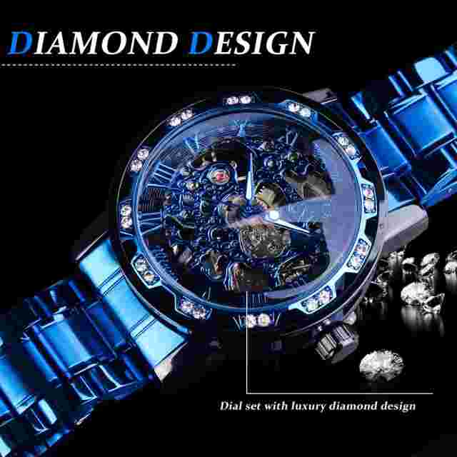 T-WINNER MEN'S STAINLESS STEEL VINTAGE DIAMOND HOLLOW SKELETON MECHANICAL WATCH